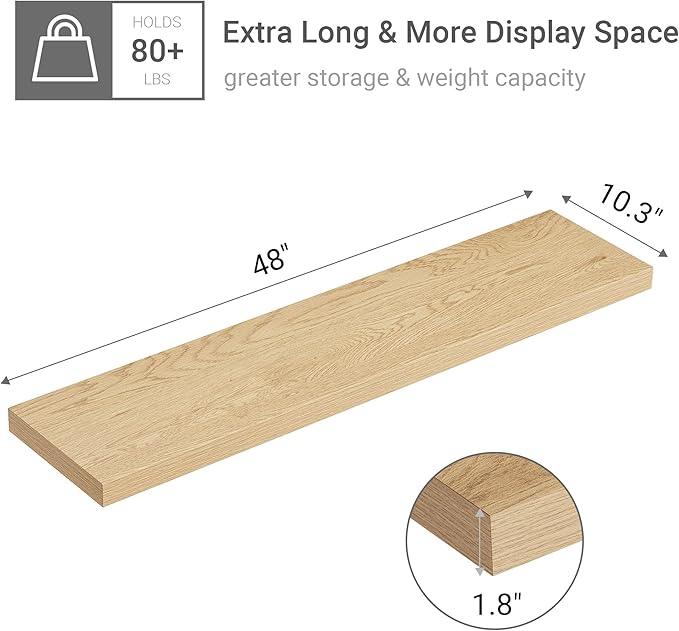 Vivelove Single Floating Shelves Oak 48 Inches, 48 x 10 inch Deep x 1.8 in Thick, Long Wall Shelves Heavy Duty 80 lbs for Bedroom, Living Room, Kitchen, Office, Modern Shelf Book Home Decor - ModernBath
