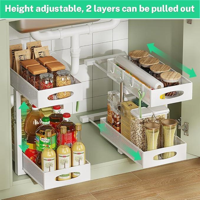 Under Sink Organizer, 2-Tier Pull Out Cabinet Organizer with Adjustable Height, Use in Kitchen Bathroom Cabinet and Countertop Storage, White, 2-Pack - ModernBath