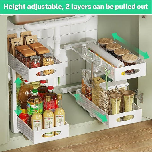 Under Sink Organizer, 2-Tier Pull Out Cabinet Organizer with Adjustable Height, Use in Kitchen Bathroom Cabinet and Countertop Storage, White - ModernBath