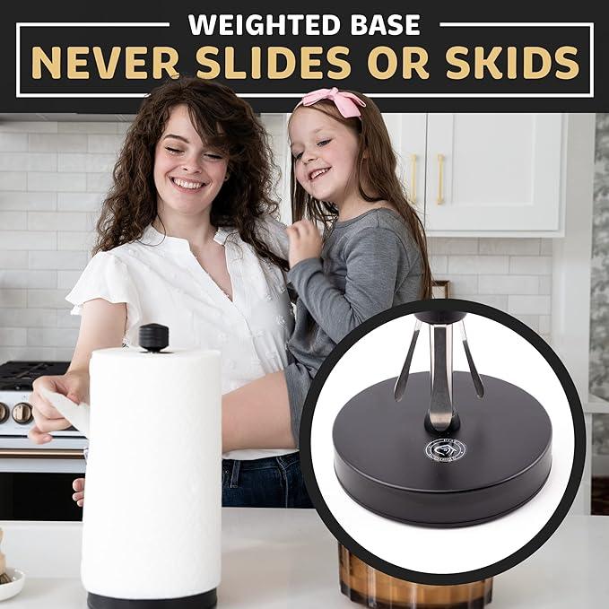 Dear Household Stainless Steel Paper Towel Holder Easy One-Handed Operation - This Sturdy Weighted Paper Towel Dispenser Countertop Model Has Suction Cups and Holds All Paper Towel Rolls - Black - ModernBath