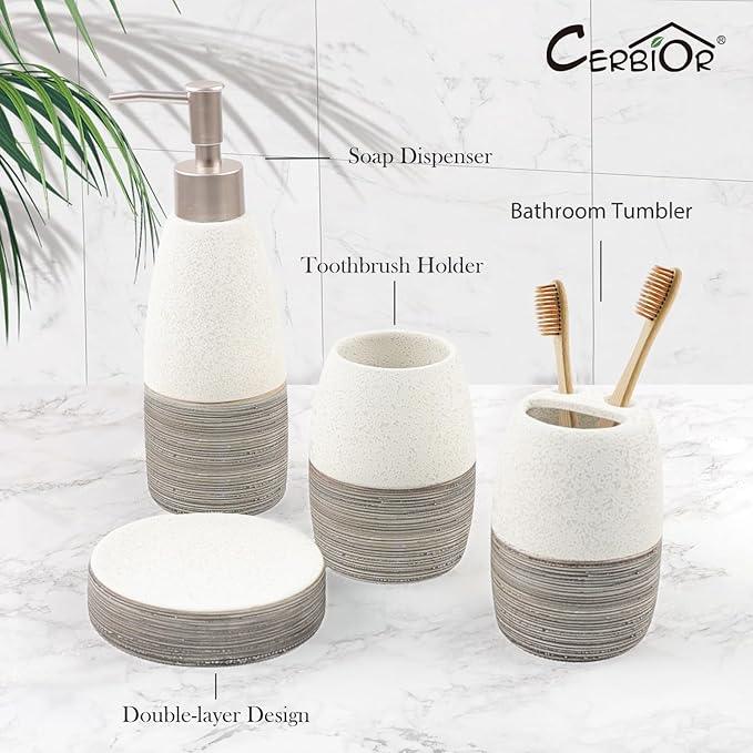 CERBIOR Bathroom Accessories Set,4 Pcs Ceramic Bathroom Decor Accessory,Includes Toothbrush Holder, Toothbrush Cup, Soap Dish for Decorative Countertop and Housewarming Gift, (Grey White) - ModernBath
