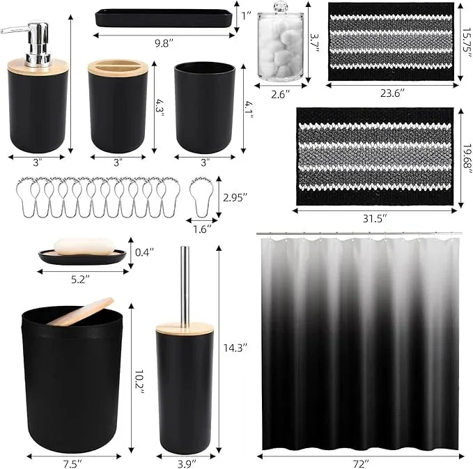 SLDIYWOW Black Bathroom Accessories-Bathroom Sets with Shower Curtain and Rugs, No Slip Bathroom Rugs Super Absorbent, Black Waterproof Shower Curtain with Hooks,Black Bathroom Sets Complete for Home - ModernBath