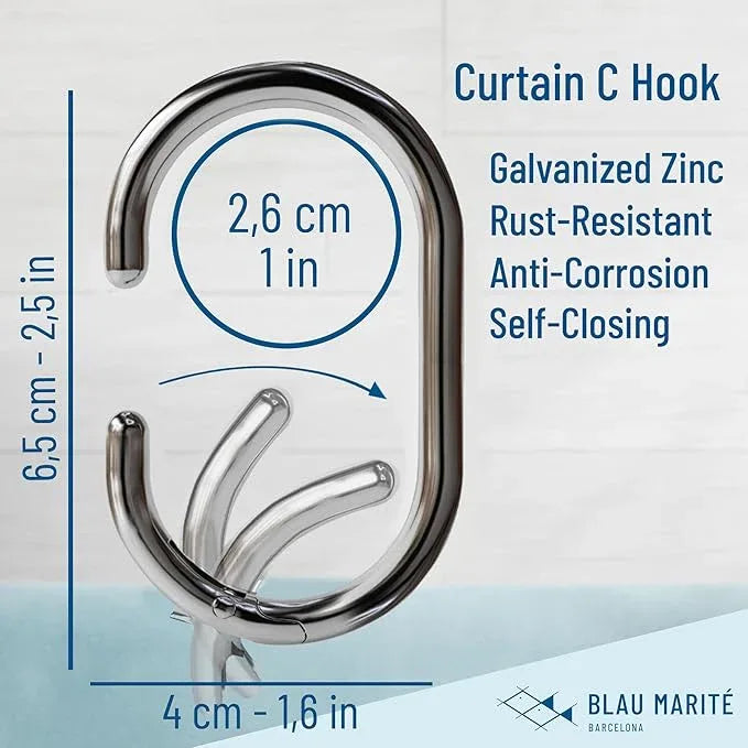 Blau Marité 12 Metal Shower Curtain Hooks, Rust-Proof Decorative C-Shaped Curtain Hooks for Bathroom, Chrome Shower Curtain Rings, Fits Rods Up to 1 Inch (C, Silver) - ModernBath