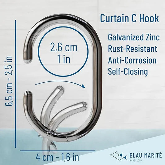 Blau Marité 12 Metal Shower Curtain Hooks, Rust-Proof Decorative C-Shaped Curtain Hooks for Bathroom, Chrome Shower Curtain Rings, Fits Rods Up to 1 Inch (C, Silver) - ModernBath