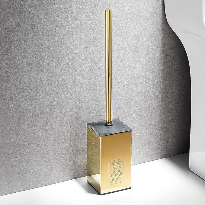 Freestanding Toilet Brush Holder for bathrooms 304 Stainless Steel Toilet Brush Stand Square Storage and Organization Rust Resistant 17-inch high Polished Gold Finished - ModernBath