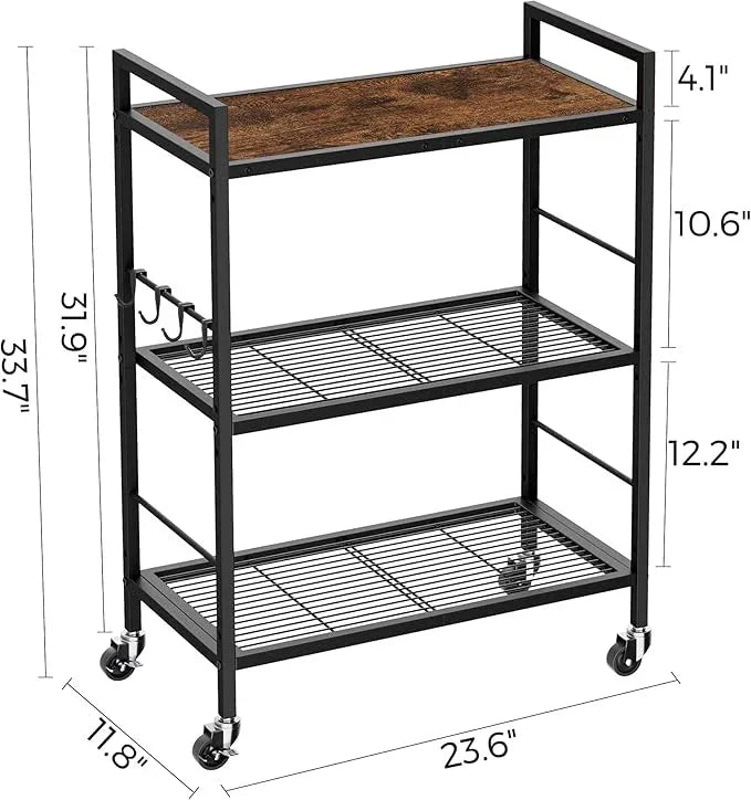 3-Tier Metal Storage Rack with Industrial Wheels,Mesh Shelving Unit with Wooden Table top,Adjustable Shelf,23.6-Inch Width,for Kitchen,Laundry,Pantry,Plant,Black - ModernBath