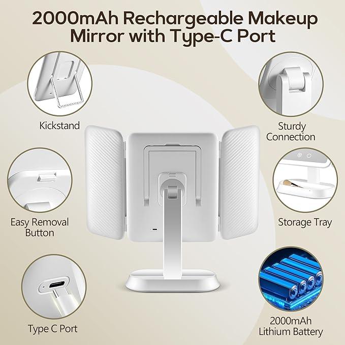 GOMIPURU Vanity Mirror with Lights, Lighted Makeup Mirror with 30X/10X/5X Magnification, Rechargeable Trifold Mirror with 3 Color & Adjustable Brightness, Travel Makeup Mirror with Lights for Desk - ModernBath