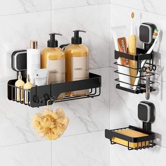 TAILI Shower Caddy Suction Cup 3 Pack, Stainless Steel Rustproof Shelves with Soap Holder Set, Drill-Free Wall Mounted Basket, Heavy Duty Removable Bathroom Organizers & Home Decor, Black - ModernBath
