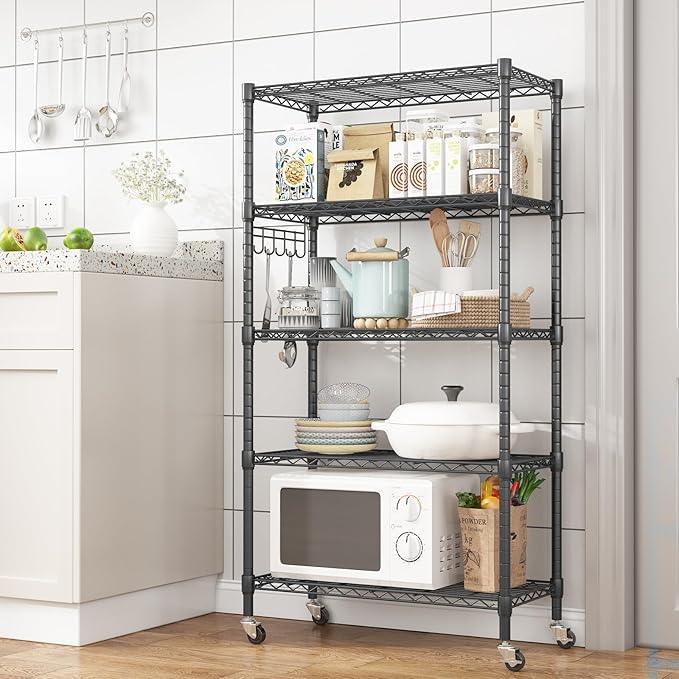 Homdox 5 Tier Metal Storage Shelves with Wheels, Heavy Duty Wire Shelving Unit, Adjustable Storage Racks with Side Hooks for Bathroom Kitchen Garage Pantry Organization, Black - ModernBath