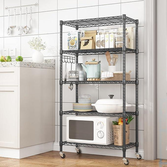 Homdox 5 Tier Metal Storage Shelves with Wheels, Heavy Duty Wire Shelving Unit, Adjustable Storage Racks with Side Hooks for Bathroom Kitchen Garage Pantry Organization, Black - ModernBath