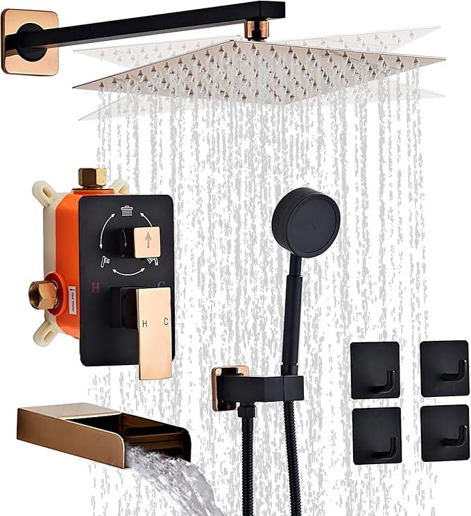 RTTWYYUU Black Gold Shower Tub Faucet Set, Wall Mounted 10 Inch Shower Heads with Handheld Spray Combo and Tub Shower Faucet, Luxury Bathroom Square Rain Shower System - 4 Hooks - ModernBath