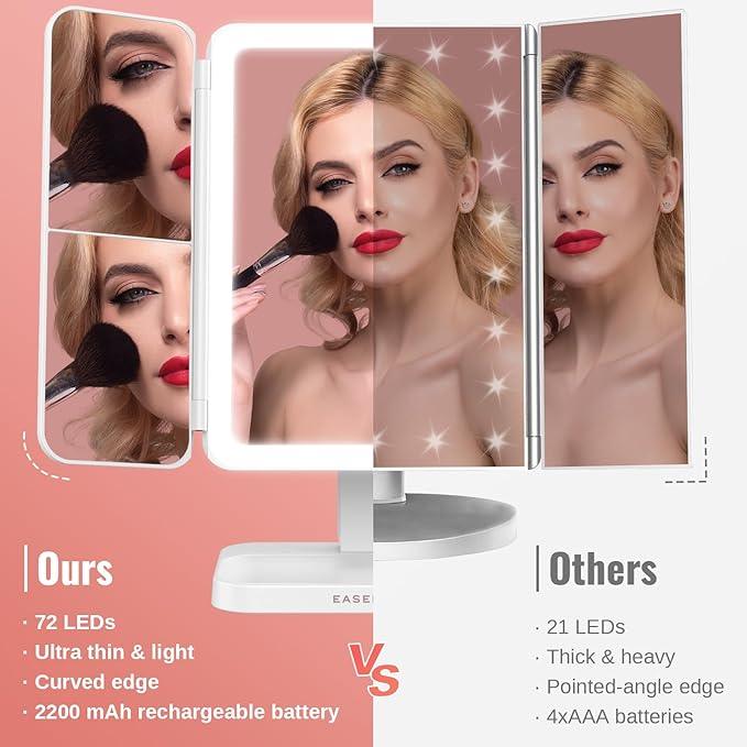 EASEHOLD Vanity Mirror with Lights, 2X 3X Magnification, Trifold, Rechargable, Touch Control - Gifts for Girls & Women - ModernBath
