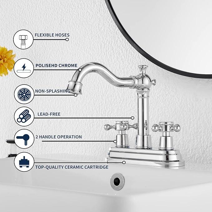 Chrome Bathroom Faucet GGStudy 2 Handles 4 Inches Centerset Bathroom Vanity with Drain Assembly and Supply Hose Lavatory Faucet Mixer Double Handle Tap - ModernBath
