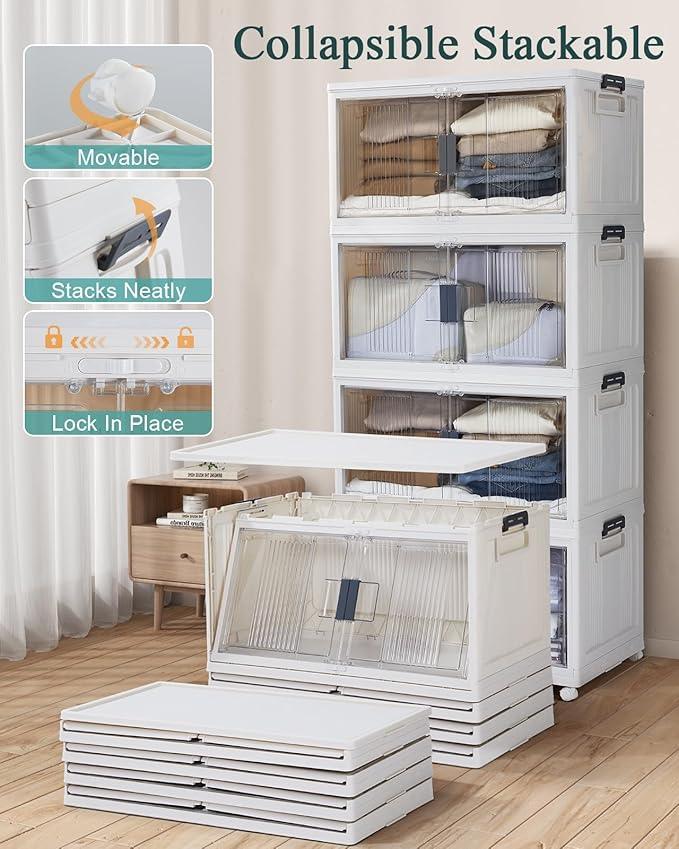 OlarHike 97QT Stackable Storage Bins with Lids - Folding Storage Box with Doors and Wheels, Collapsible Plastic Storage Drawers for Closets, 5 Pack Cubes - ModernBath