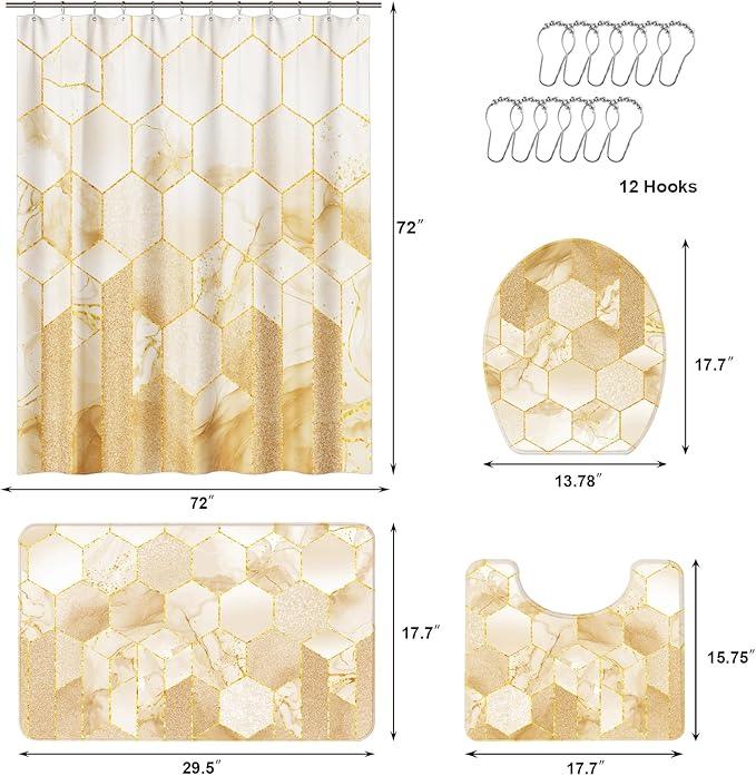 XLHOMO Bathroom Sets with Shower Curtain and Rugs - 4PC Beige Geometric Shower Curtain Set with 12 Hooks, Toilet Cover, U-Shaped Mat and Rugs Modern Abstract Bathroom Accessories for Bathroom - ModernBath