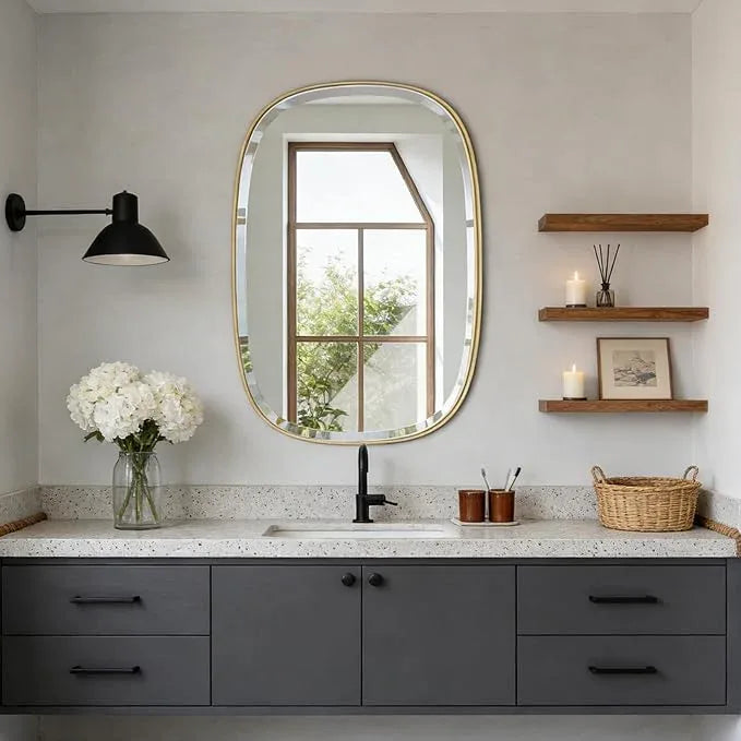 POZINO Gold Bathroom Mirror, 24"x32" Brass Rounded Rectangle Mirrors, Brushed Beveled Mirrors for Over Sink, Modern Vanity Wall Mirror in Premium Stainless Steel Frame Hangs Horizontal Or Vertical - ModernBath
