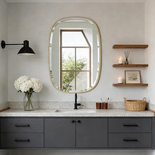 POZINO Gold Bathroom Mirror, 24"x32" Brass Rounded Rectangle Mirrors, Brushed Beveled Mirrors for Over Sink, Modern Vanity Wall Mirror in Premium Stainless Steel Frame Hangs Horizontal Or Vertical - ModernBath