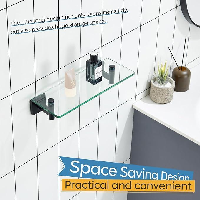 KOKOSIRI Bathroom Shelves Glass Floating Shelf 12-Inch for Bedroom Living Room Kitchen Hanging Rack Rustproof Wall Mounted Black 2 Pack B1105BK-L12-P2 - ModernBath