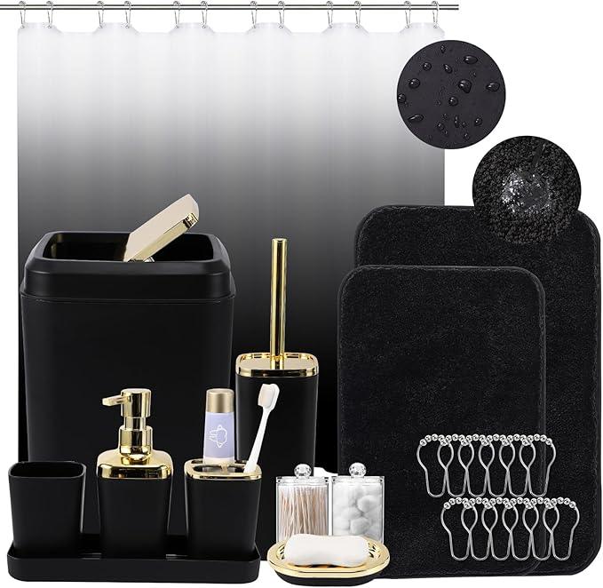XLHOMO Bathroom Set - Black Bathroom Accessories Set, Bathroom Sets with Shower Curtain and Rugs, 24PC Shower Curtain Set with Hooks, Soap Dispenser, Soap Dish, Toilet Brush Holder and Trash Can - ModernBath