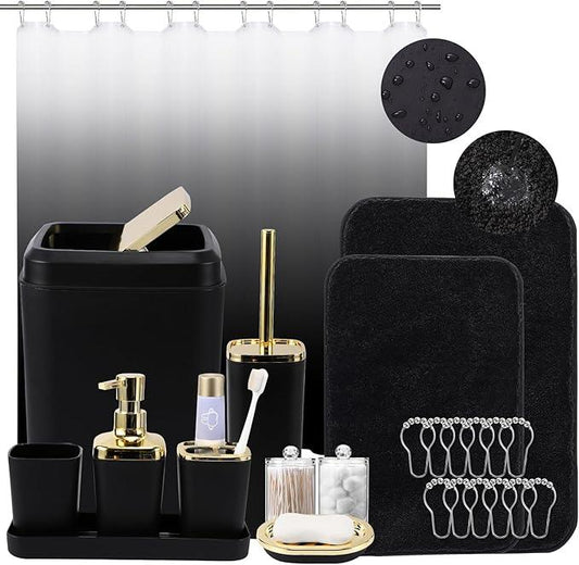 XLHOMO Bathroom Set - Black Bathroom Accessories Set, Bathroom Sets with Shower Curtain and Rugs, 24PC Shower Curtain Set with Hooks, Soap Dispenser, Soap Dish, Toilet Brush Holder and Trash Can - ModernBath