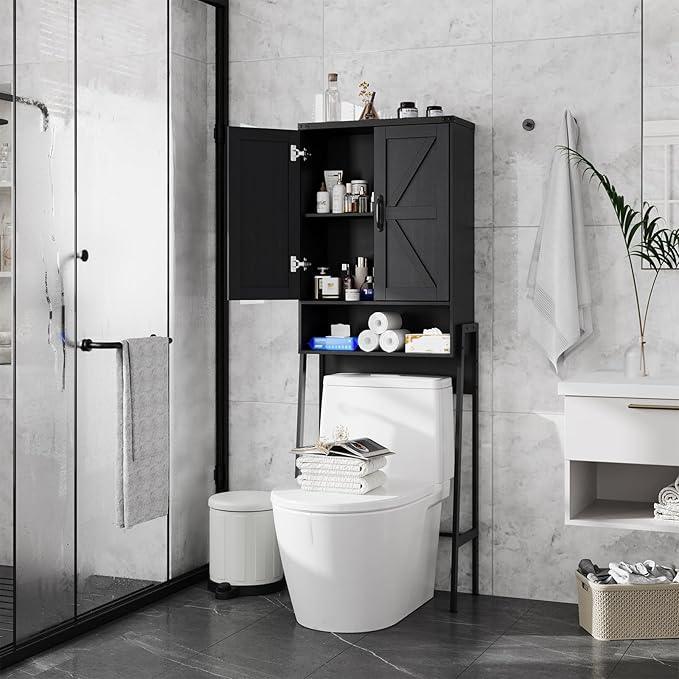 Over The Toilet Storage Cabinet with 2-Door Design Bathroom Organizers and Storage with Anti-Tip Device Over Toilet Organizer with Shelves for Bathroom,Restroom,Laundry Black - ModernBath