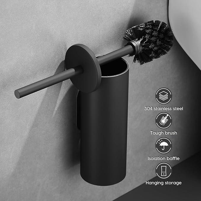 Toilet Bowl Brush and Holder, 304 Stainless Steel No-Punch Hook Base Dual Purpose Toilet Brush Holder with Removable Inner Bucket and Splash Cover - Soft Bristles (Black) - ModernBath