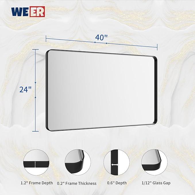 WEER Black Bathroom Mirror for Wall, 40X24 Inch Matte Black Mirror, Rectangular Black Metal Framed Vanity Mirror with Tempered Glass, Rounded Corner, Anti-Rust (Horizontal/Vertical) - ModernBath