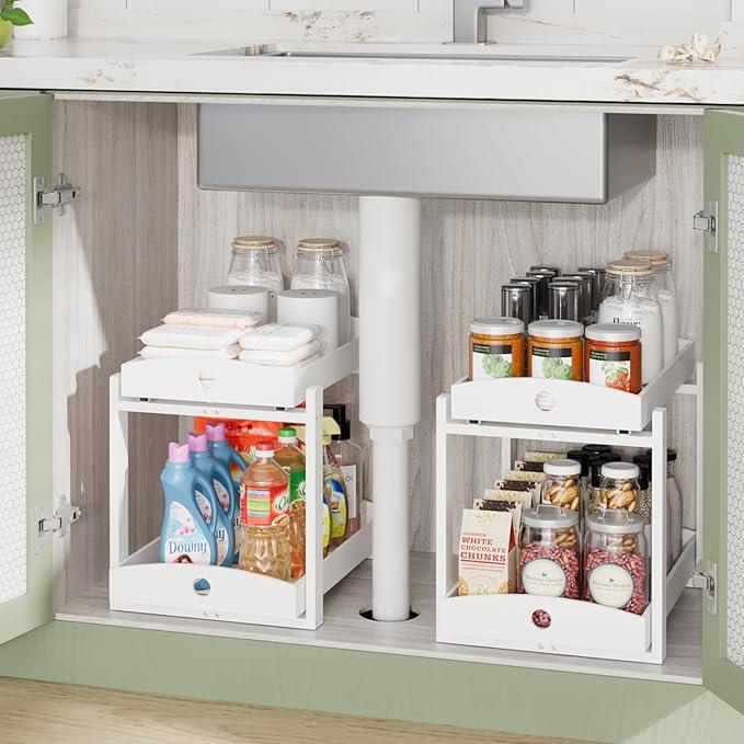2 Pack Under Sink Organizer, Bamboo Wooden 2-Tier Pull-Out Storage with Sliding Drawers for Kitchen and Bathroom Cabinets, Easy Installation (White) - ModernBath
