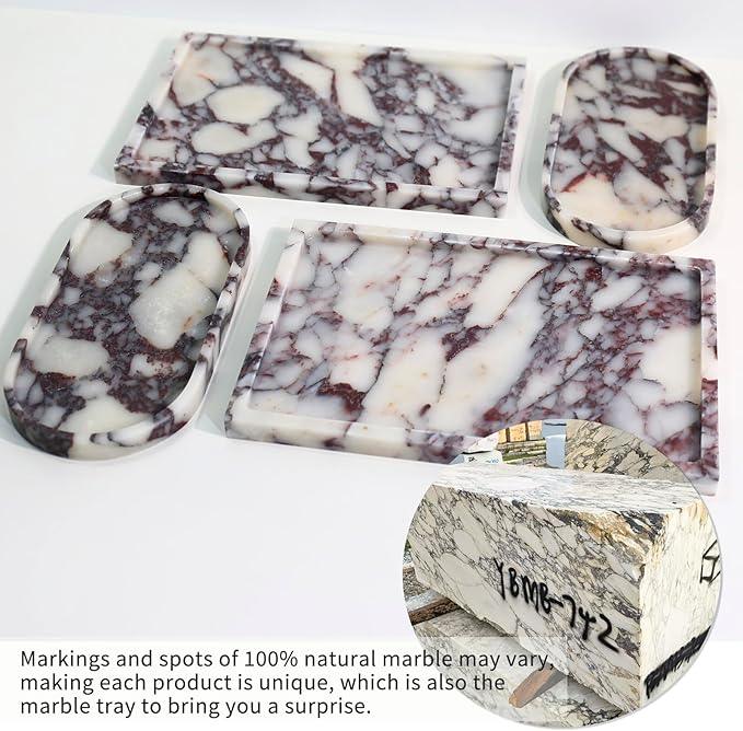 Real Luxurious Natural Marble Vanity Tray Genuine Marble Storage Tray for Home Decor Stone Tray for Bathroom/Kitchen/Vanity/Dresser Non-Resin/Non-Ceramic/Viola Oval Set - ModernBath