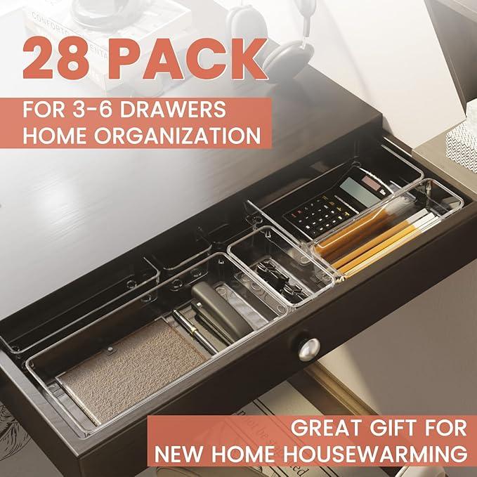 Large Clear Plastic Drawer Organizer 28 Pack - 5 Sizes (XL to small) Acrylic Drawer Organizer Trays for Kitchen Utensils, Gadgets, Bathroom, Vanity and Makeup, Office - Everything Can Be Organized! - ModernBath