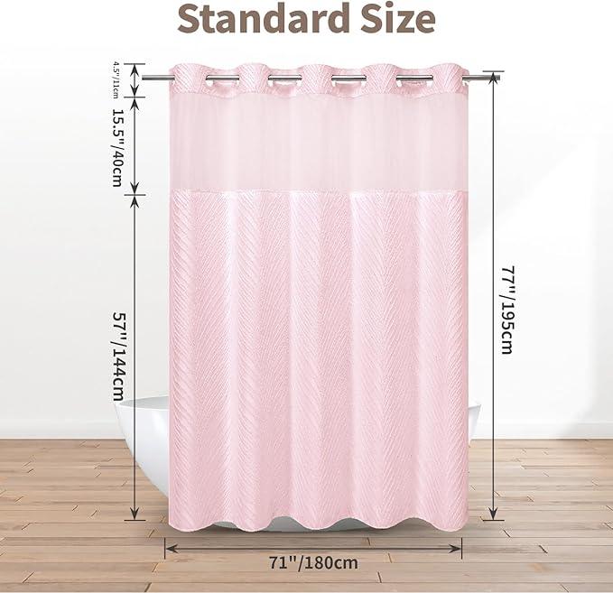 eachope no Hook Shower Curtain and Liner Set，Boho Style with See Through Top Window, Pink Fabric Tufted Striped Textured Outer Curtain & Waterproof Inner Liner, Pink, 71Wx77H - ModernBath