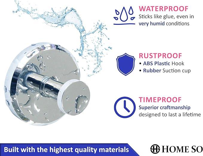 HOME SO Suction Cup Hooks for Shower, Bathroom, Kitchen, Glass Door, Mirror, Tile – Loofah, Towel, Coat, Bath Robe Hook Holder for Hanging up to 15 lbs – Waterproof & Rustproof, Chrome (4-Pack) - ModernBath