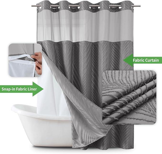eachope no Hook Shower Curtain and Liner Set，Boho Style with See Through Top Window, Black Fabric Tufted Striped Textured Outer Curtain & Waterproof Inner Liner, Grey/Gray, 71Wx80H - ModernBath