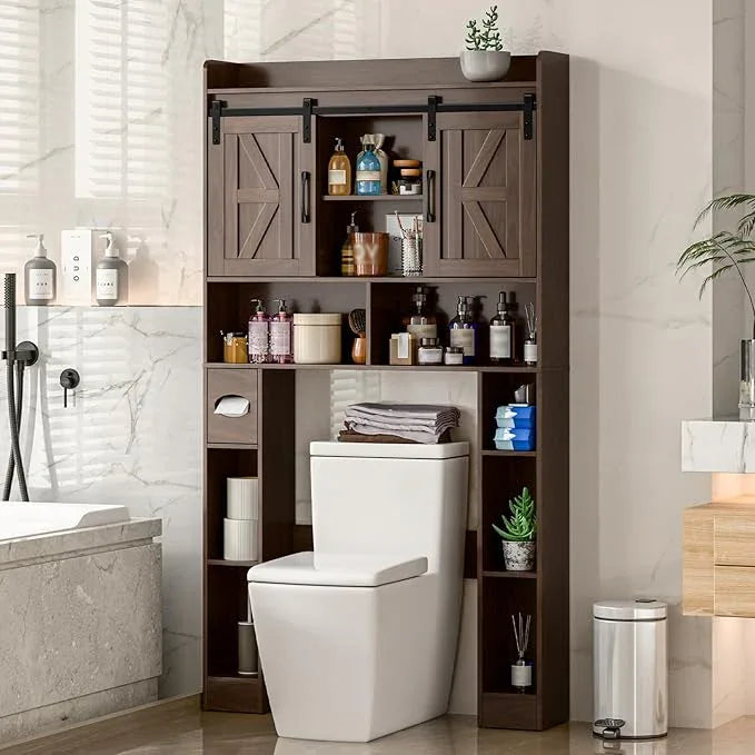 Farmhouse Storage Cabinet Over Toilet with Sliding Doors，Over The Toilet Storage Cabinet, Home Space-Saving Toilet Rack, for Bathroom, Restroom, Laundry.Espresso - ModernBath