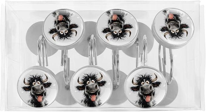 Laughing Highland Cow Rust Proof Shower Curtain Hooks 12Pcs for Bathroom Shower Rod, Decorative Shower Hooks Shower Curtain Hanger Rings Roller, Glass, Resin, Stainless Steel - ModernBath