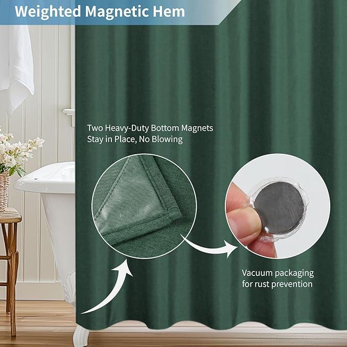 THAIGEE 2-in-1 Waterproof Fabric Shower Curtain or Liner,Linen Textured,Breathable TPU & Washable Bathroom Shower Curtain Set with 12 Plastic Hooks,Modern,72"x72" Emeraldgreen - ModernBath