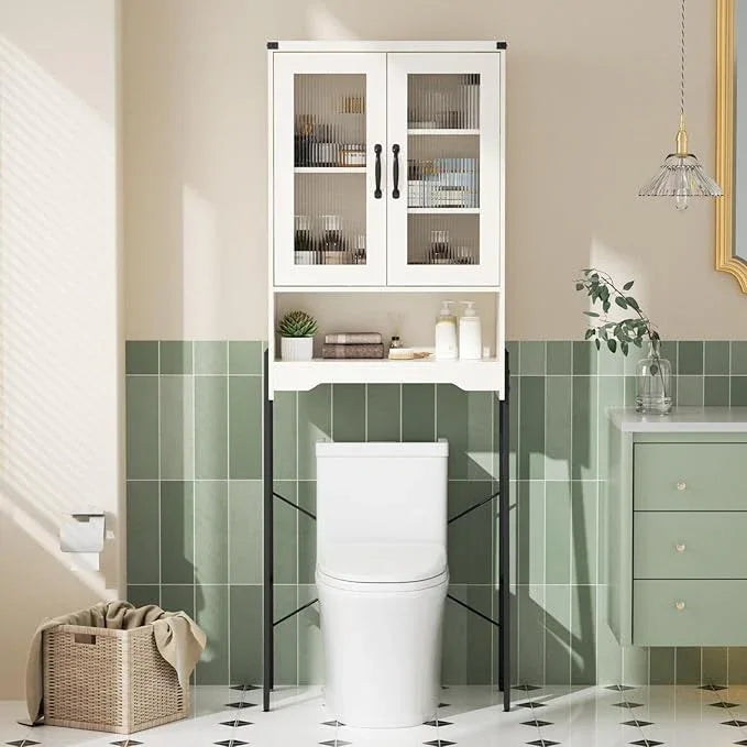Over The Toilet Storage Cabinet with Tempered Glass Doors & Adjustable Shelf, Bathroom Organizers and Storage with Metal Stand Space Saver Over Toilet Organizer, Tall Freestanding Rack, White - ModernBath