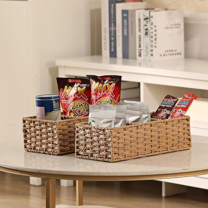 Vagusicc 3-Section Wicker Baskets for Shelves, Hand-Woven Round Paper Rope Wicker Storage Basket, Toilet Paper Basket for Toilet Tank Top, Baskets for Organizing, 2-Pack - ModernBath