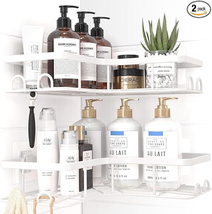 Corner Shower Caddy - 2 Pack, Adhesive Shower Organizers, Rustproof Stainless Steel Shower Shelves with 8 Hooks, No Drilling Bathroom Organizers and Storage Racks, Space-Saving, White, Large - ModernBath