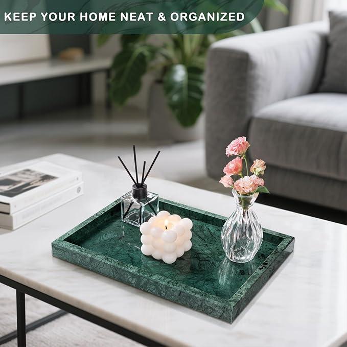 Homaura Marble Bathroom Tray for Countertop & Home Decor, Natural Decorative Marble Tray for Jewelry & Perfume Organizer, Luxury Stone Vanity Trays for Dresser, Kitchen Counter, 12" x 8", Green - ModernBath