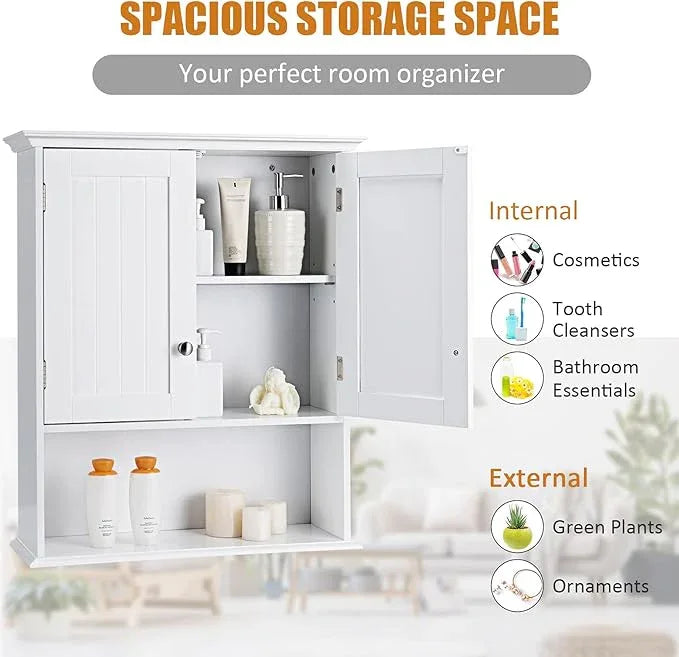 COSTWAY Wall Mounted Bathroom Cabinet, Over The Toilet Storage Cabinet w/Double Doors & Adjustable Shelf, Wood Hanging Medicine Cabinet for Living Room, Entryway, Kitchen (White) - ModernBath