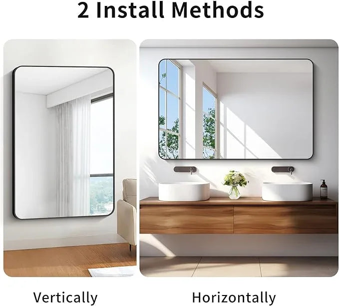 55x36 inch Bathroom Mirror,Black Rectangle Mirror,Wall Mounted Bathroom Frame Vanity Mirror with Round Corner for Bedroom Living Room, Entryway Hangs Horizontal or Vertical - ModernBath