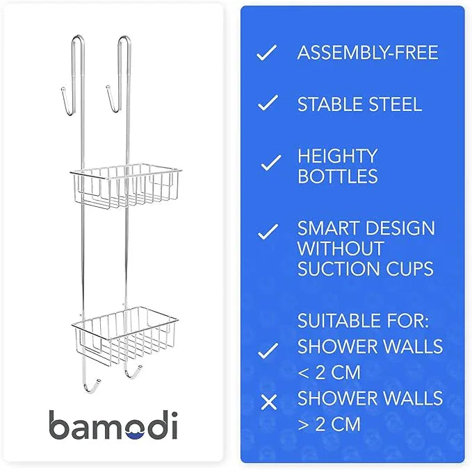Bamodi Shower Caddy Hanging - 2 Tier Over Door Chrome Plated - No Drilling Required - Fits Shower Screens up to 0.78 inches - Hangable Shower Rack with 2 Towel Hooks (27.5 x 7.5 x 7.3 INCHES) - ModernBath