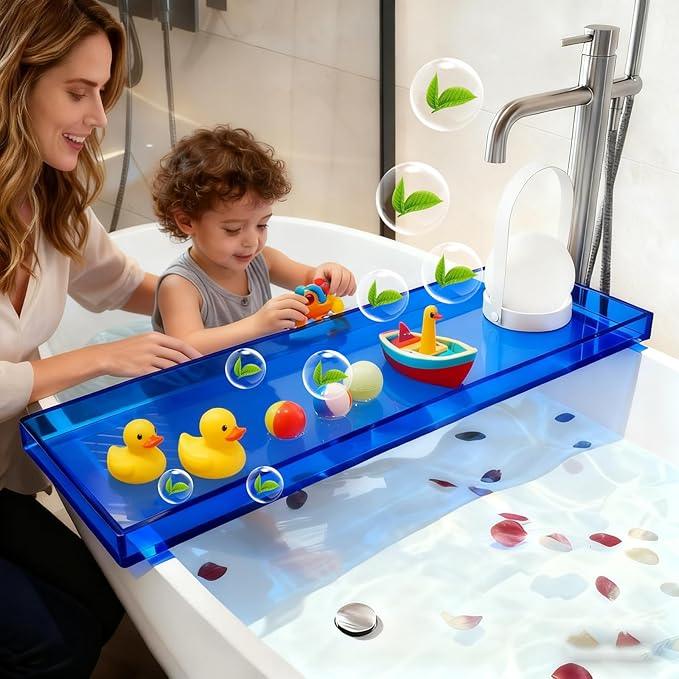 CXNGD Bathtub Tray Table, Clear Acrylic, Anti-Slip Bath Caddy, (Blue, L32.3″ x W7.87″ x H1.18″) - ModernBath
