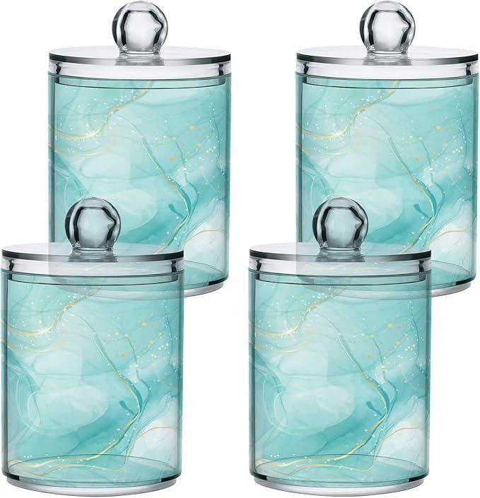 BOENLE 2 Pack Qtip Holder Dispenser Turquoise Marble Bathroom Storage Canister Lid Acrylic Plastic Apothecary Jar Set Vanity Makeup Organizer for Cotton Swabs/Pads/Floss - ModernBath