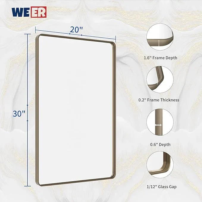 WEER 20x30 Inch Bronze Bathroom Mirror for Vanity, Brushed Bronze Metal Frame Mirror for Wall, Rounded Rectangle Bronze Frame Mirror with Tempered Glass, Anti-Rust (Horizontal/Vertical) - ModernBath
