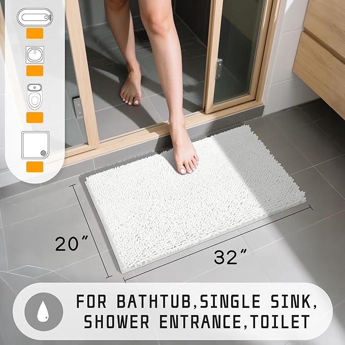 Yimobra Washable Bathroom Rugs, Super Soft & Absorbent Chenille Bath Mat for Floor & Carpet, Quick Dry Non Slip Bath Mat for Tub Shower, 32"x20",White - ModernBath