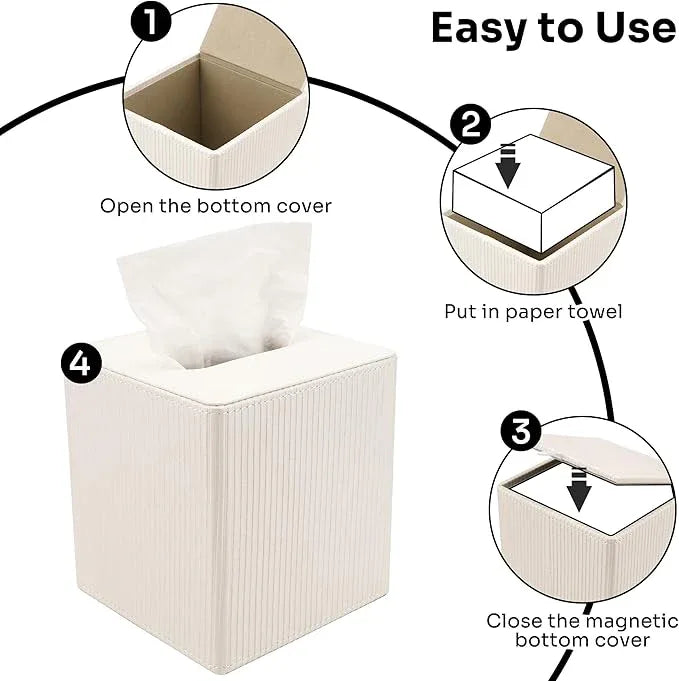 DODAMOUR Vertical Stripe Tissue Box Cover Cube – Ribbed PU Leather Square Holder, Magnetic Bottom Napkin Dispenser for Bathroom Vanity, Bedroom Nightstand (White) - ModernBath