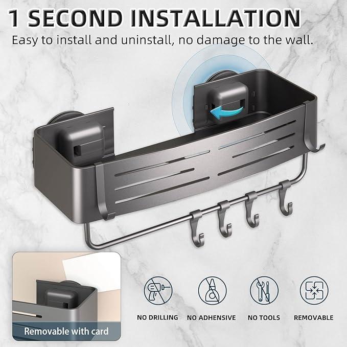 Onemake Shower Caddy Suction Cup, No Drilling Bathroom Shower Shelf, Corner Shower Caddy with 6 Portable Hooks, Removable Bath Organizer with Towel Bar for Bathroom Storage(Gray) - ModernBath