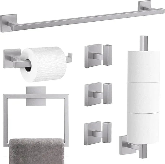 TQKAG 7-Pieces Brushed Nickel Bathroom Hardware Accessories Set 23.6" SUS304 Stainless Steel Towel Bar Set Toilet Paper Spare Rolls Storage Holder Wall Mounted - ModernBath